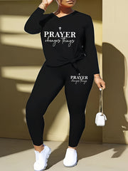 Women's Plus Slogan Print Long Sleeve V Neck Top & Leggings Outfits 2 Piece Set