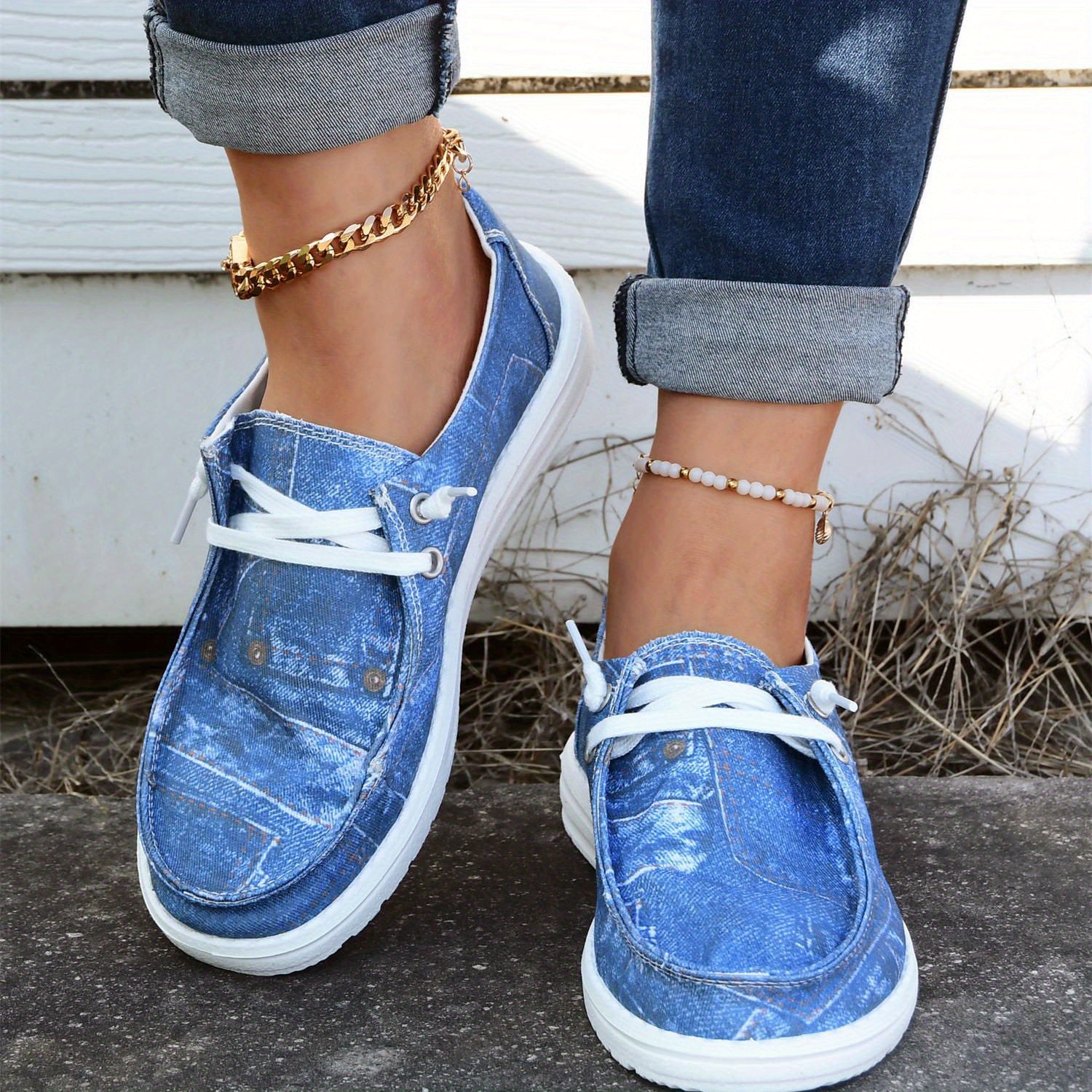 Women's Sea Denim Print Boat Shoes Lace Up Slip on Canvas Shoes