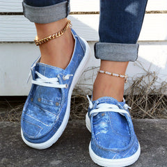 Women's Sea Denim Print Boat Shoes Lace Up Slip on Canvas Shoes