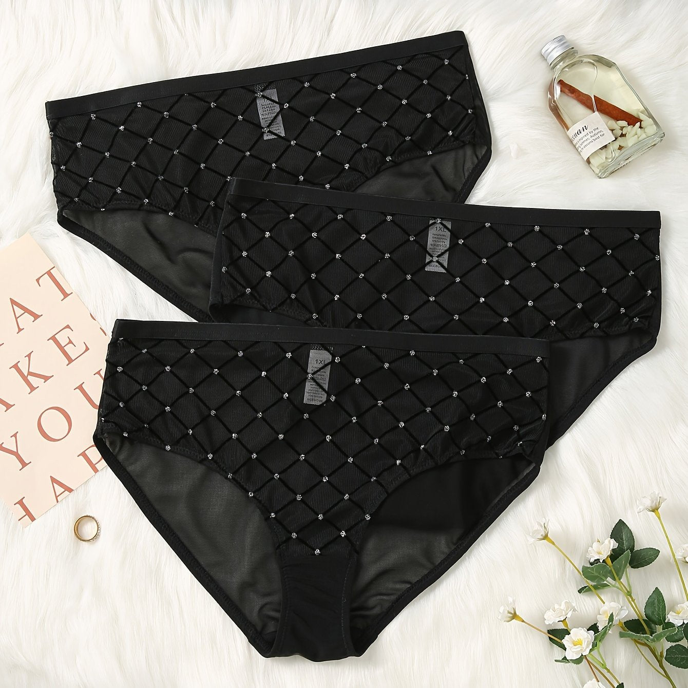3 Pack Plus Size Romantic Panties Set Women's Plus Argyle Pattern Mesh Panties