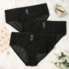 3 Pack Plus Size Romantic Panties Set Women's Plus Argyle Pattern Mesh Panties