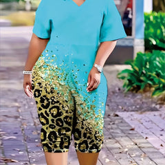 Colorblock Leopard Print V Neck Romper