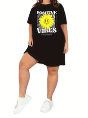 Sunflower & Letter Print Round Neck Sleep Tee Dress