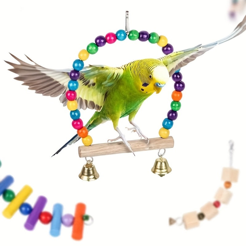 Colorful Bird Cage Swing with Bells & Ladder for Parrot Exercise