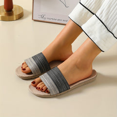 Striped Linen Slippers Open Toe Slip On Shoes for Indoor Home
