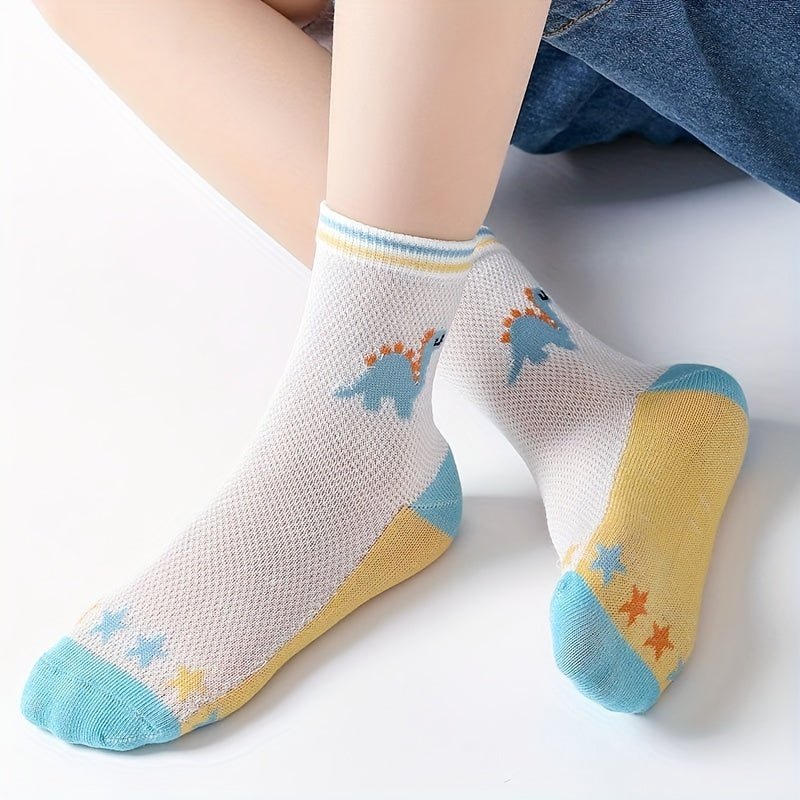 5 Pairs Boys Dinosaur Pattern Short Crew Socks - Breathable & Comfortable