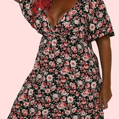 Rose Print Short Sleeve V Neck Dress