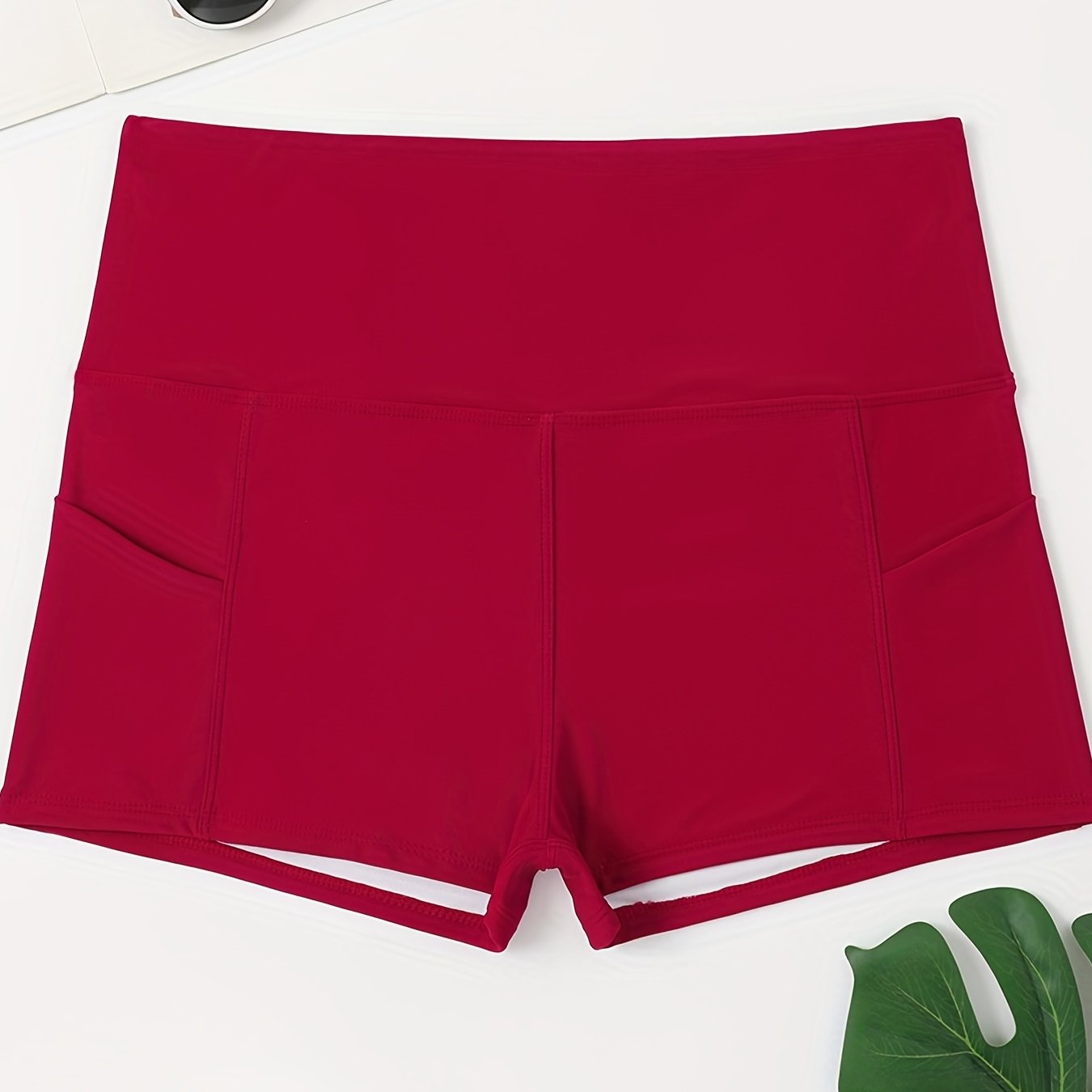 Women's Plus Solid Pipping High Rise Swimsuit Shorts With Pockets