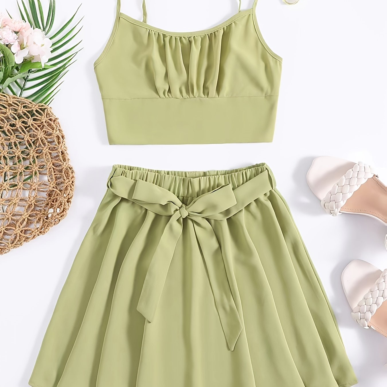 Sexy Block Skirt Two piece Set Pleated Crop Cami Tops