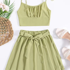 Sexy Block Skirt Two piece Set Pleated Crop Cami Tops