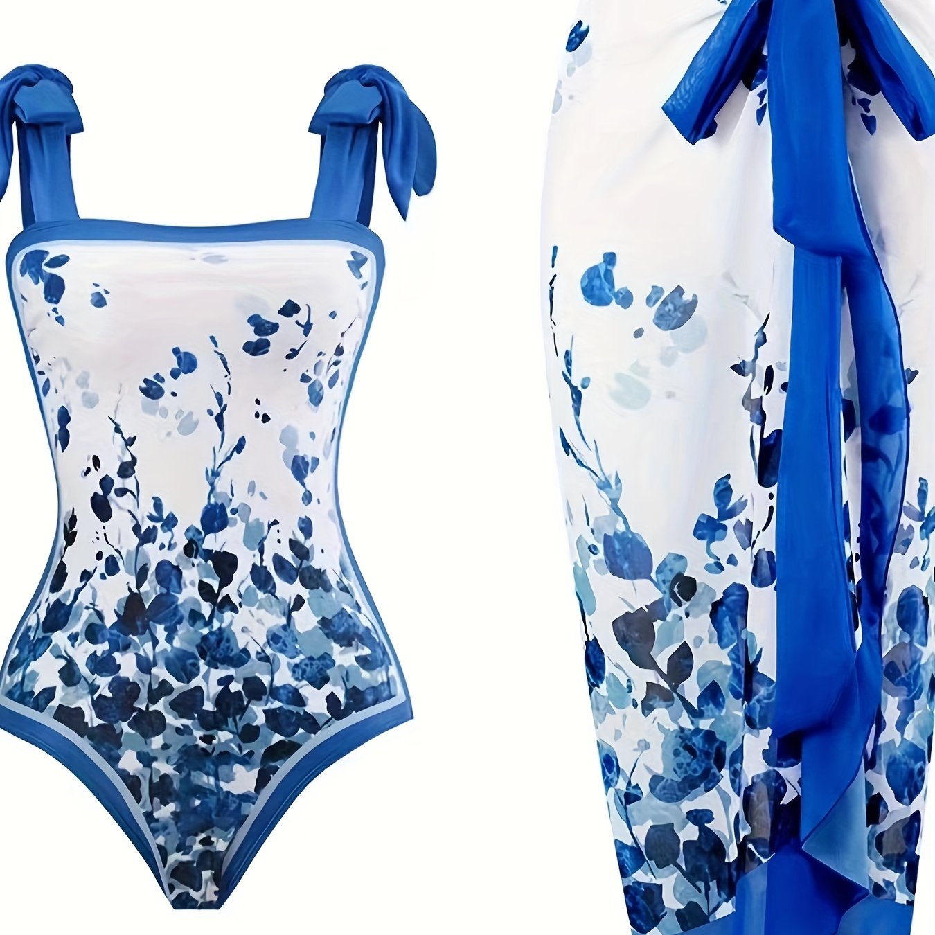Floral Print Tie Shoulder One Piece Bathing Suit with Sarong Cover Up