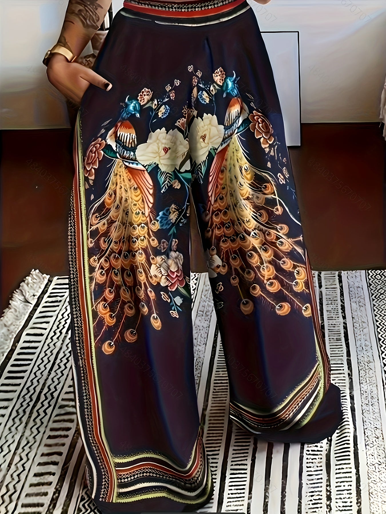 Floral Peacock Print Wide Leg Pants High Rise Retro Trousers