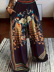 Floral Peacock Print Wide Leg Pants High Rise Retro Trousers