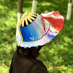 Vintage Flower Print Foldable Sun Hat with Bamboo Fan