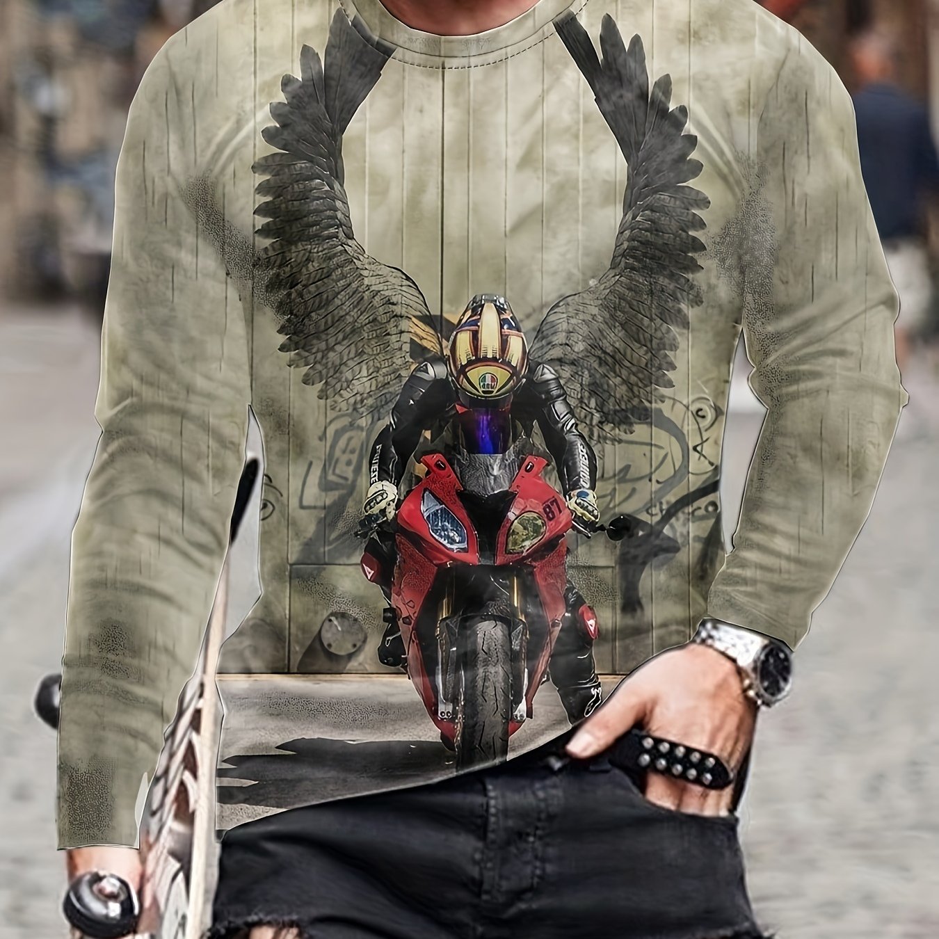Motorcycle Rider Print Men's Long Sleeve T shirt Stylish Tees For Autumn