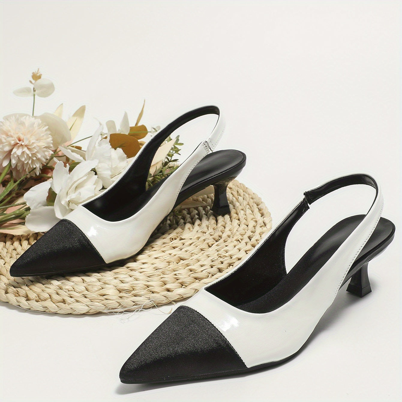 Colorblock Kitten Heel Satin Sandals Slingback