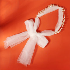 Mesh Long Headband With Faux Pearl Bridal Hair Band