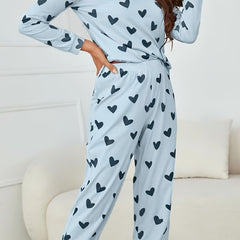 Heart Print Pajama Set Long Sleeve & Elastic Waistband Pants