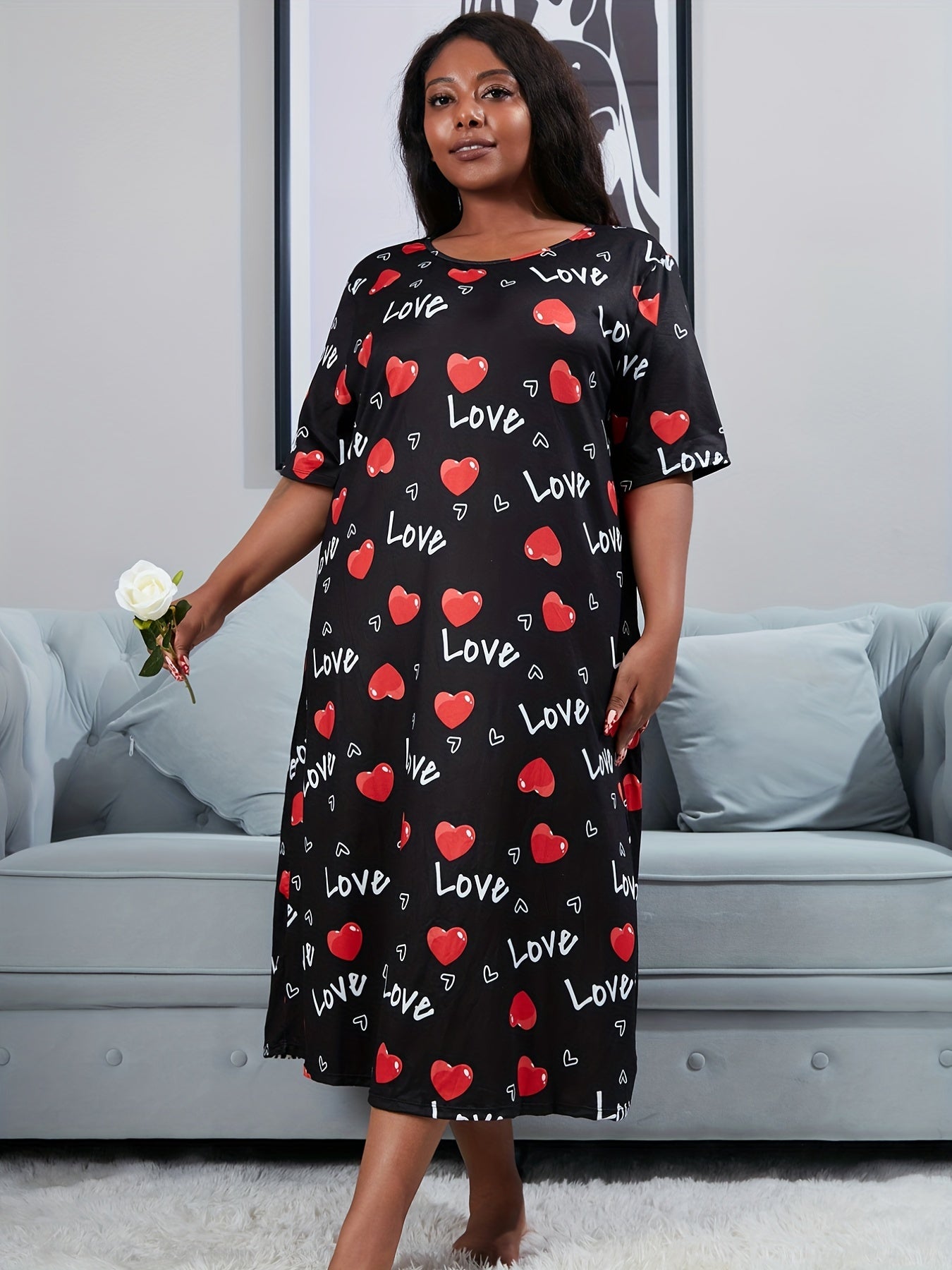 Heart & Letter Print Nightdress Short Sleeve Round