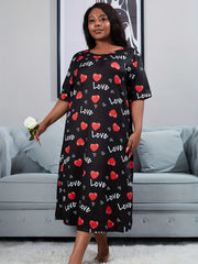 Heart & Letter Print Nightdress Short Sleeve Round