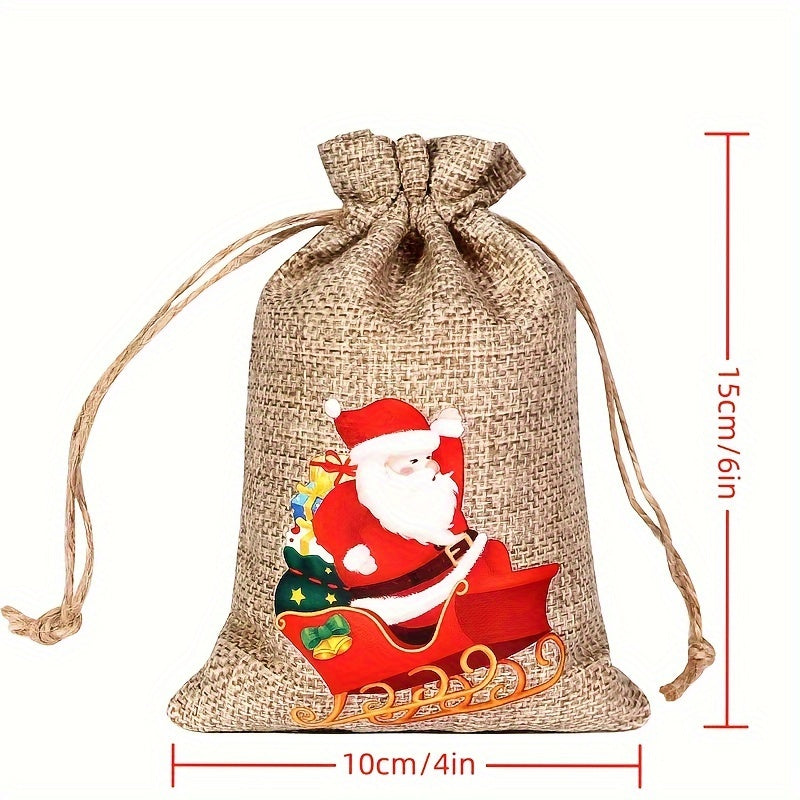 6pcs Xmas Jute Linen Drawstring Gift Bags for Favors Navidad