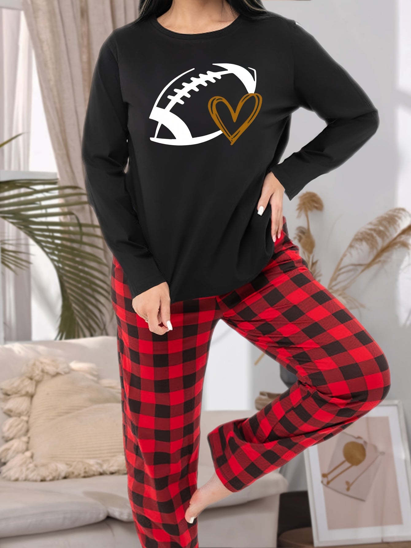 Heart & Rugby Print Long Sleeve Tee & Plaid Pants Loungewear Set