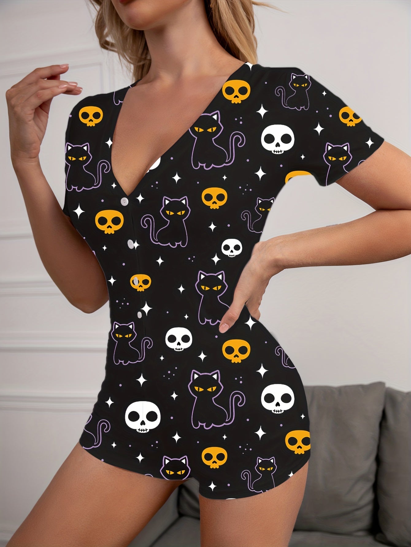 Cat & Skull Print Pajama Romper Short Sleeve V Neck Buttons Pajamas
