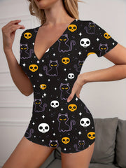 Cat & Skull Print Pajama Romper Short Sleeve V Neck Buttons Pajamas