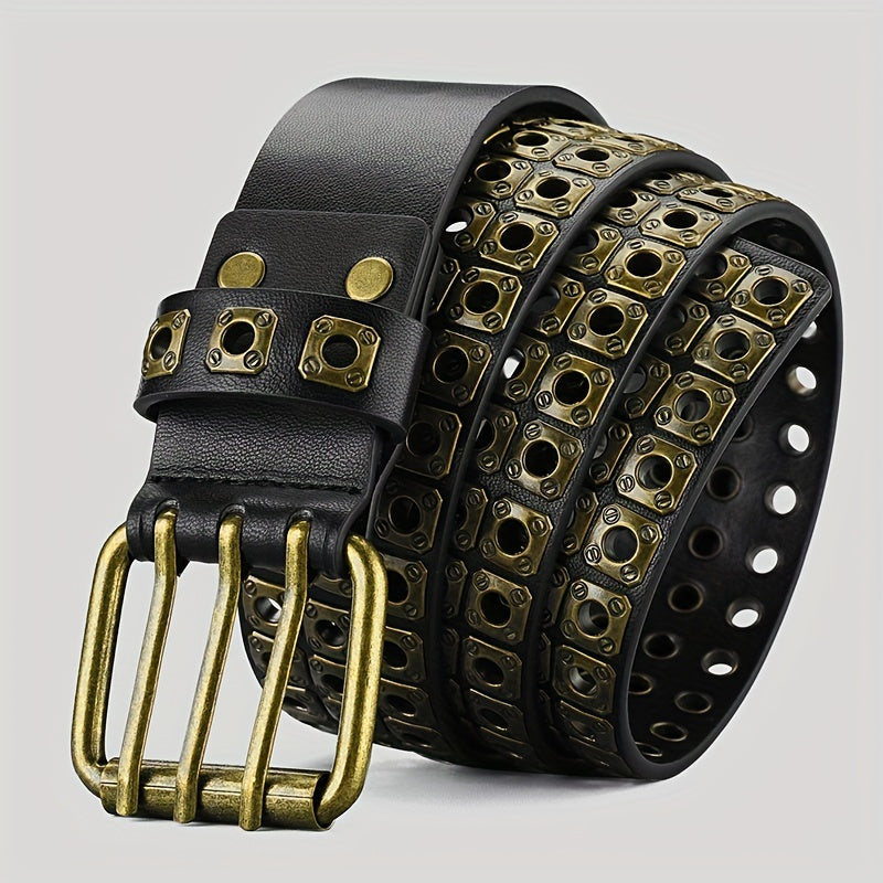 Men's Square Rivet Belt Hip Hop Rock Punk Y2K Style Double Row Pin Buckle Jeans