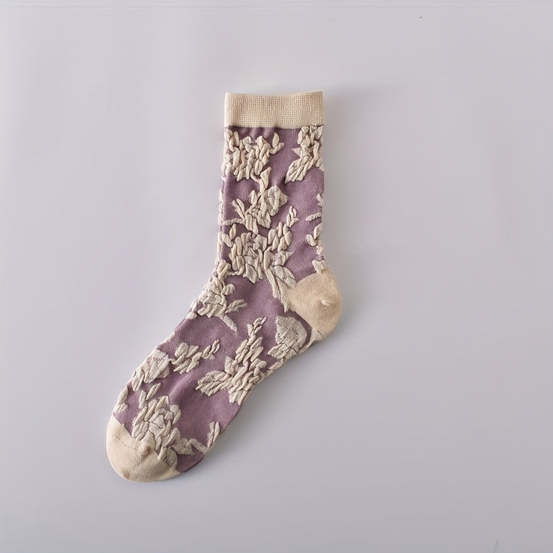 5 Pairs 3D Floral Textured Socks Retro Ethnic Style Mid Tube Women's Stockings