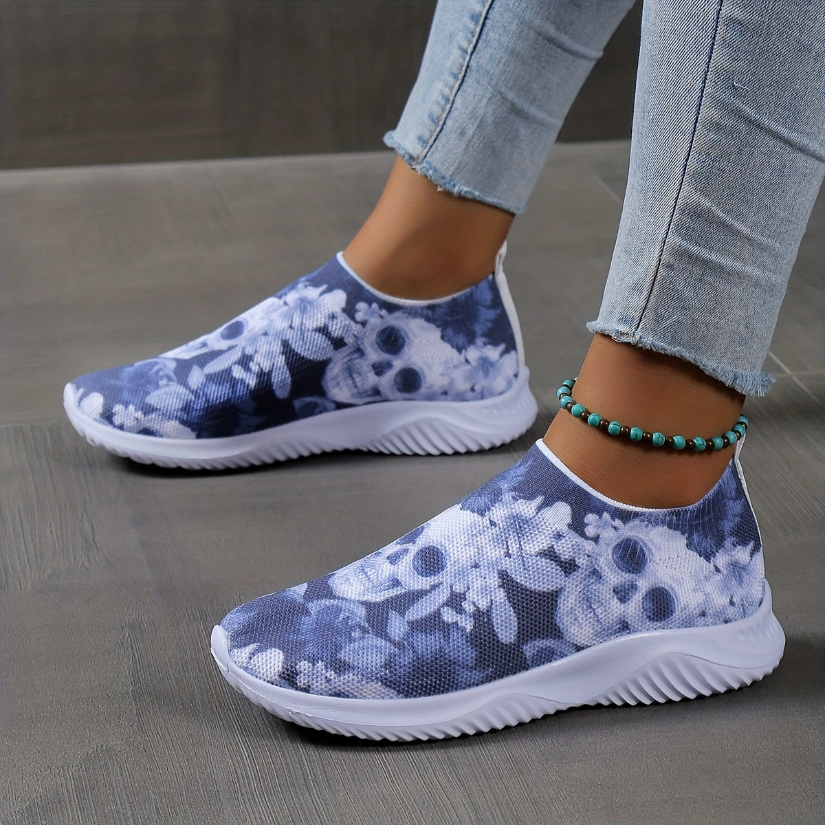 Women's Calavera Print Slip On Sneakers Low Round Toe Lightweight Shoes