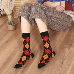 Colorblock Plaid Socks Breathable College Style Women Stockings