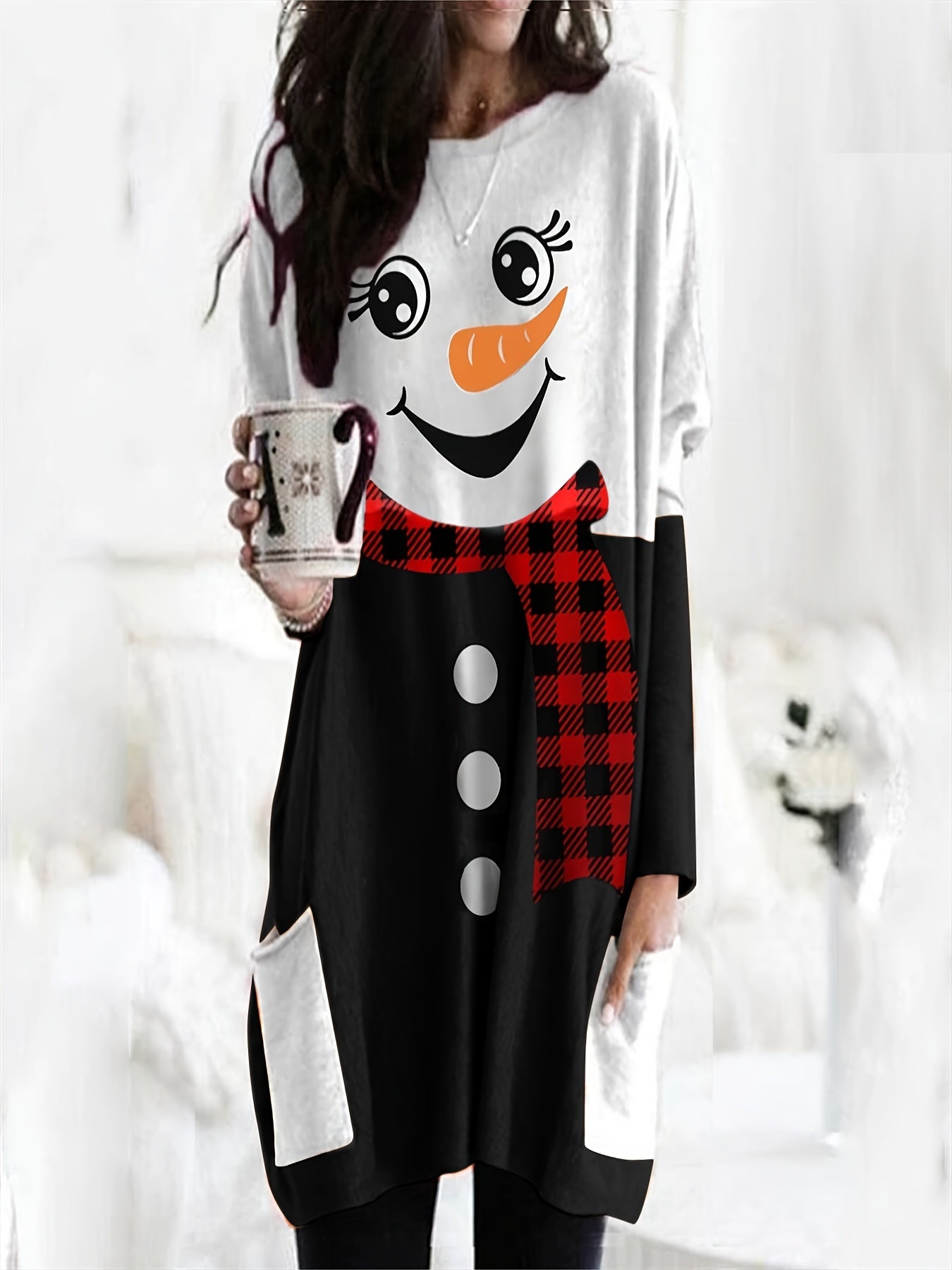 Women's Plus Snowman Print Long Sleeve Tunic Top With Pockets