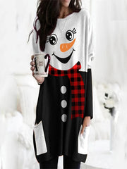 Women's Plus Snowman Print Long Sleeve Tunic Top With Pockets