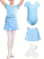 Girls Comfy Dance Suit Leotard Romper Skirt Leggings Set