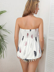 Feather Print Bandeau Cover Up Shirred Beachwear Tube Top