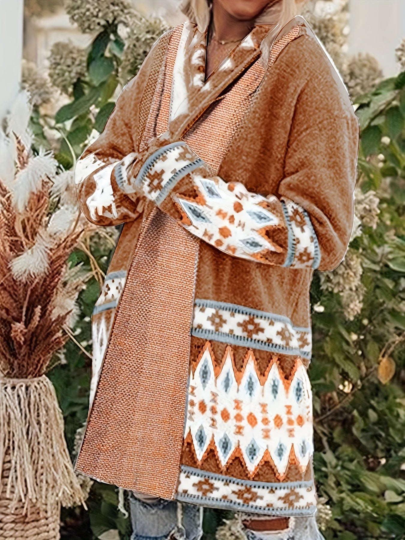 Geometric Print Long Sleeve Cardigan with Pockets