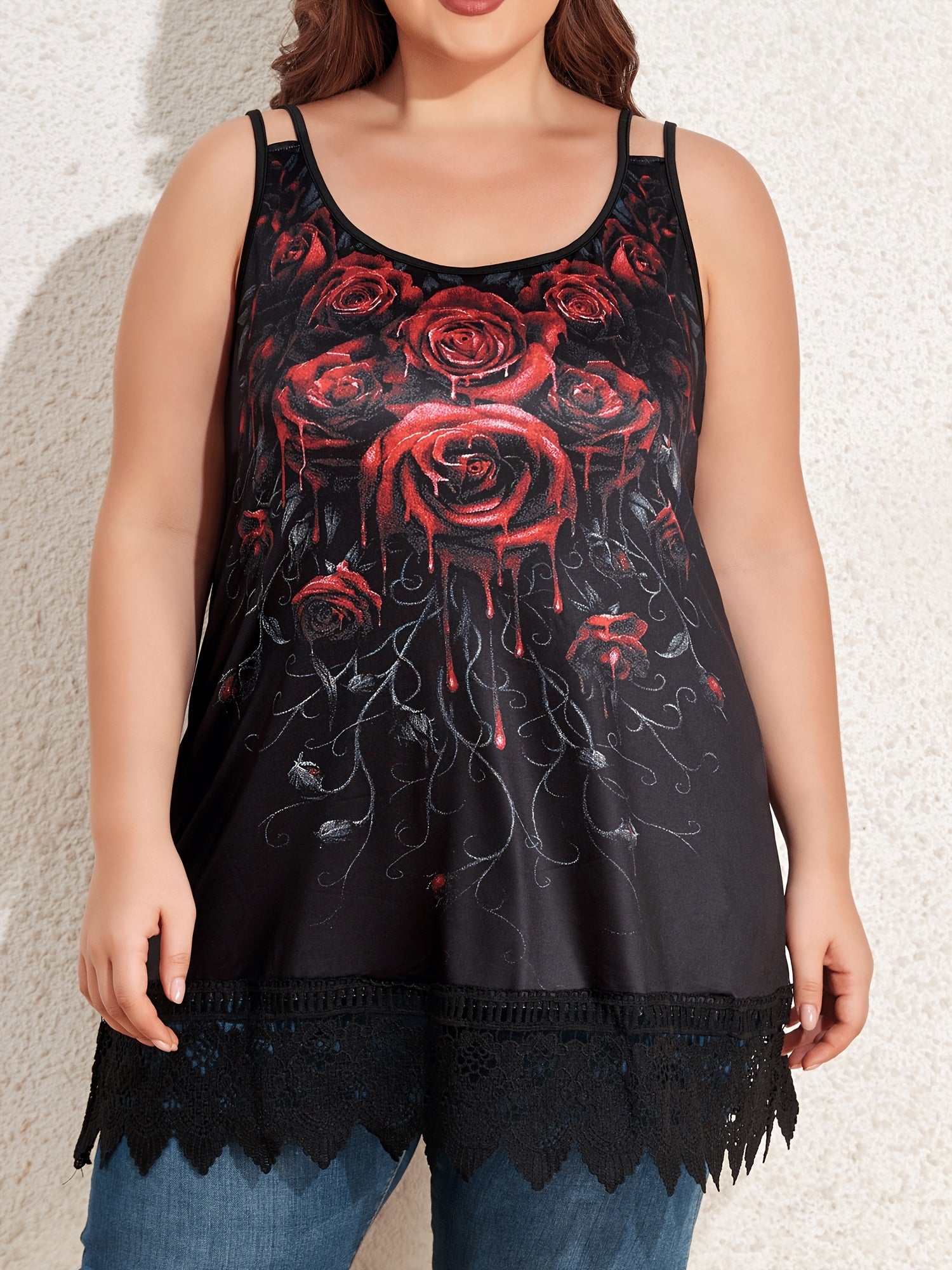 Goth Tank Top Women's Plus Rose Print Contrast Lace Trim Split Strap