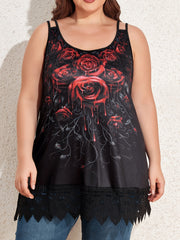 Goth Tank Top Women's Plus Rose Print Contrast Lace Trim Split Strap