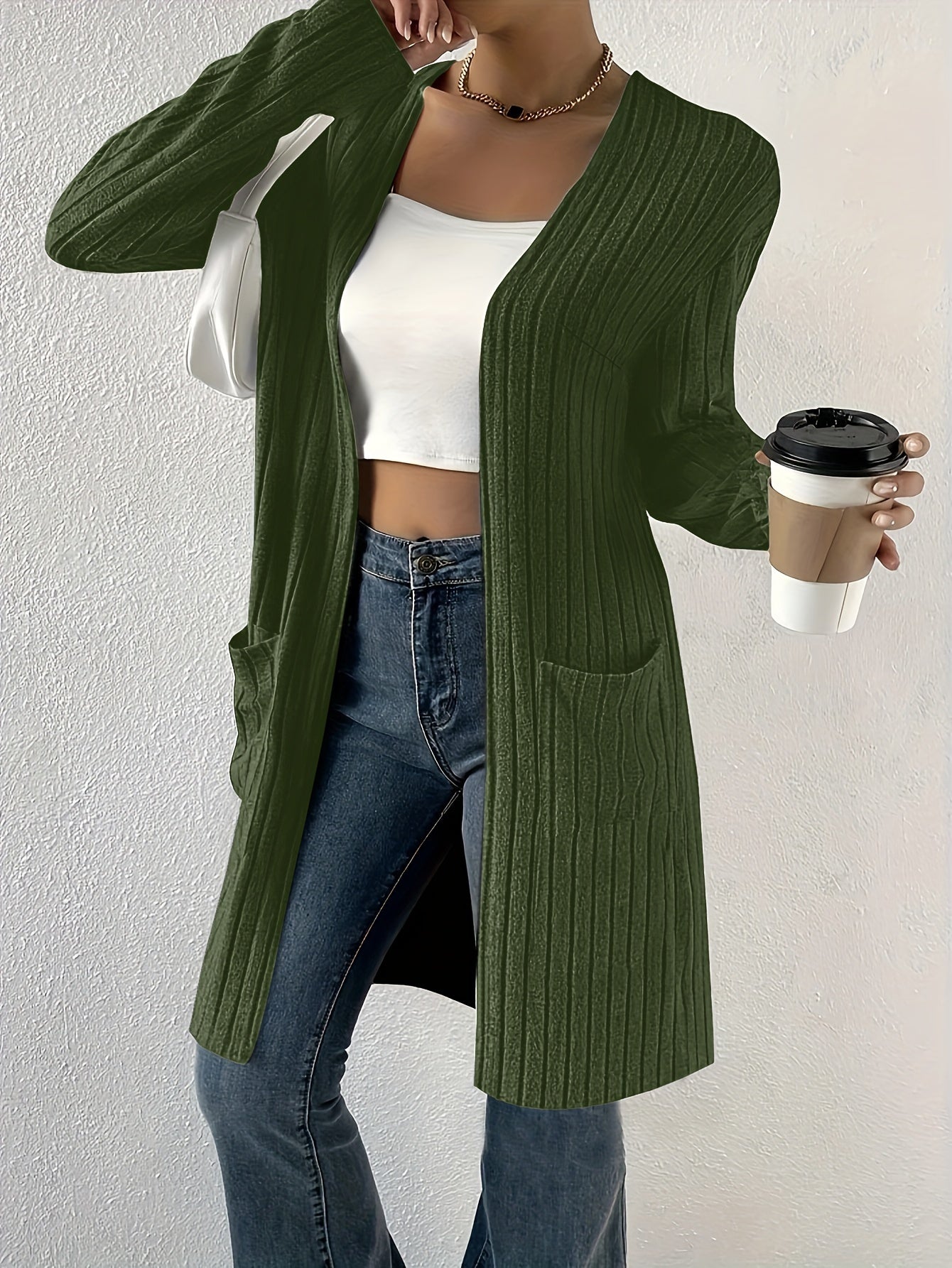 Open Front Ribbed Knit Cardigan