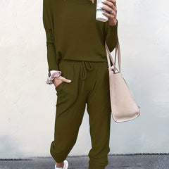 2 Piece Casual Outfit: Solid Top & Drawstring Pants Set