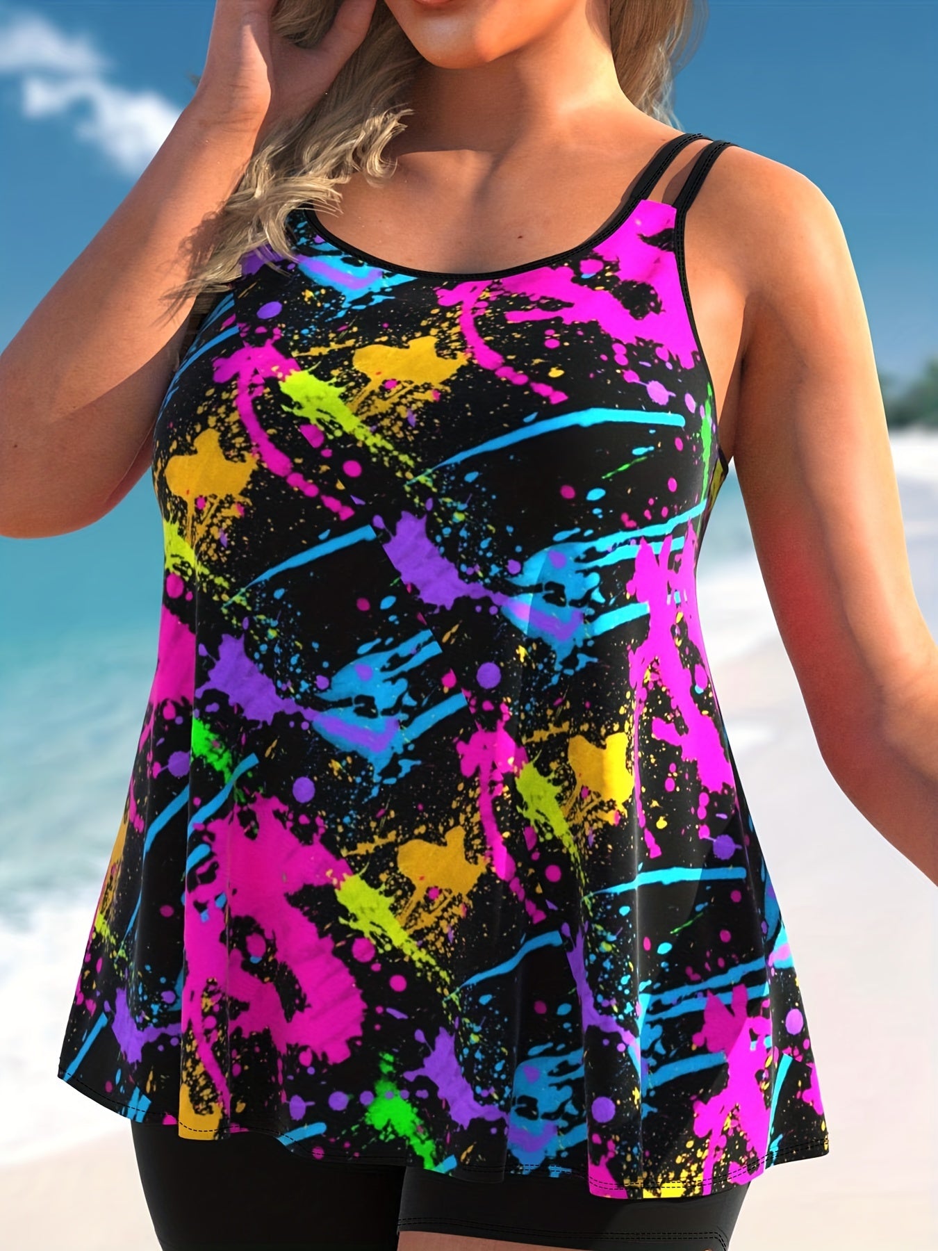 Vacay Tankini Set Women's Plus Splash Print Cami Top & Shorts Swimsuit