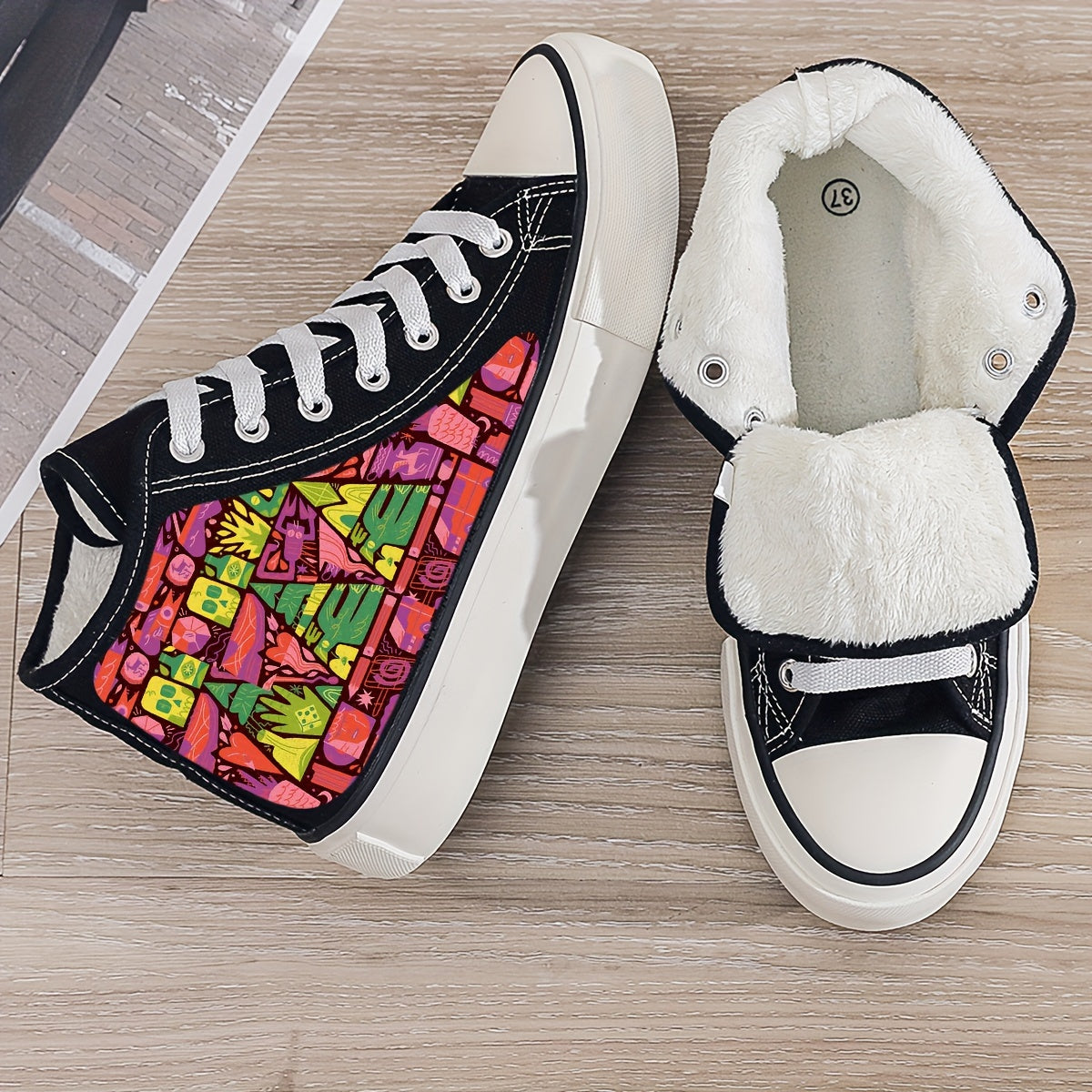 Abstract Print Plush Lined Thermal Chunky Canvas Sneakers