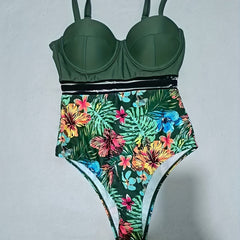 Plant Print Mesh Contrast Push Up Swimsuit High Strech One Piece Bathing Suit