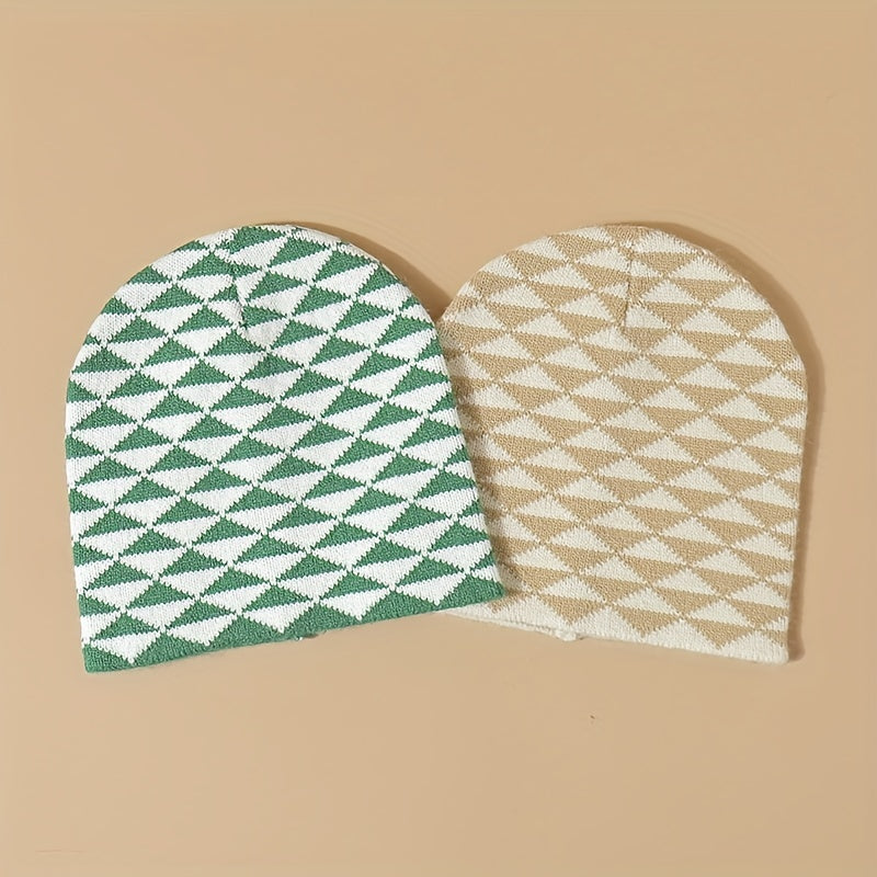 Small Rhombic Jacquard Beanie Y2K Casual Knit Hat Elastic Skull Hat
