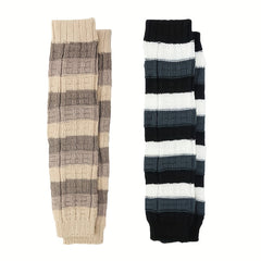 2 Pairs Striped Knitted Leg Warmers Colorblock Knee High Socks Women's Stockings