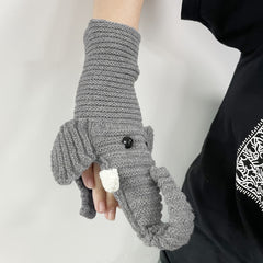 Cartoon Elephant Embroidery Wool Knitted Warm Mittens