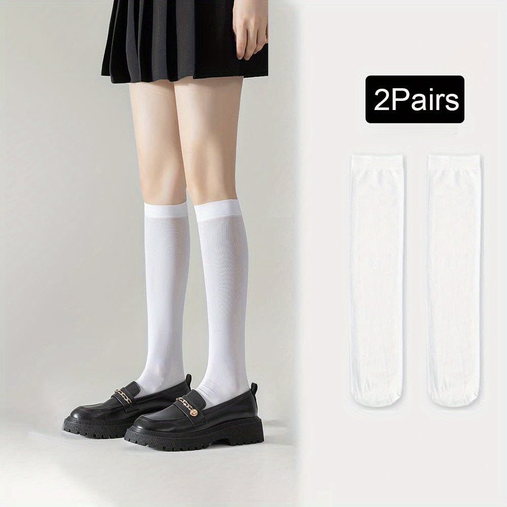 2 Pairs Solid Calf Socks College Style All match Knee High Socks