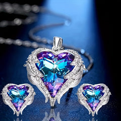 Heart Pendant Necklace & Earrings Set Wing Detail Rhinestone Decor