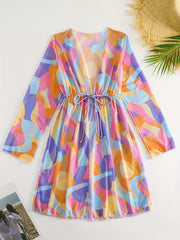 Print Cover Up Shirt Long Sleeves V Neck Drawstring Cover Ups Women's Swimwear